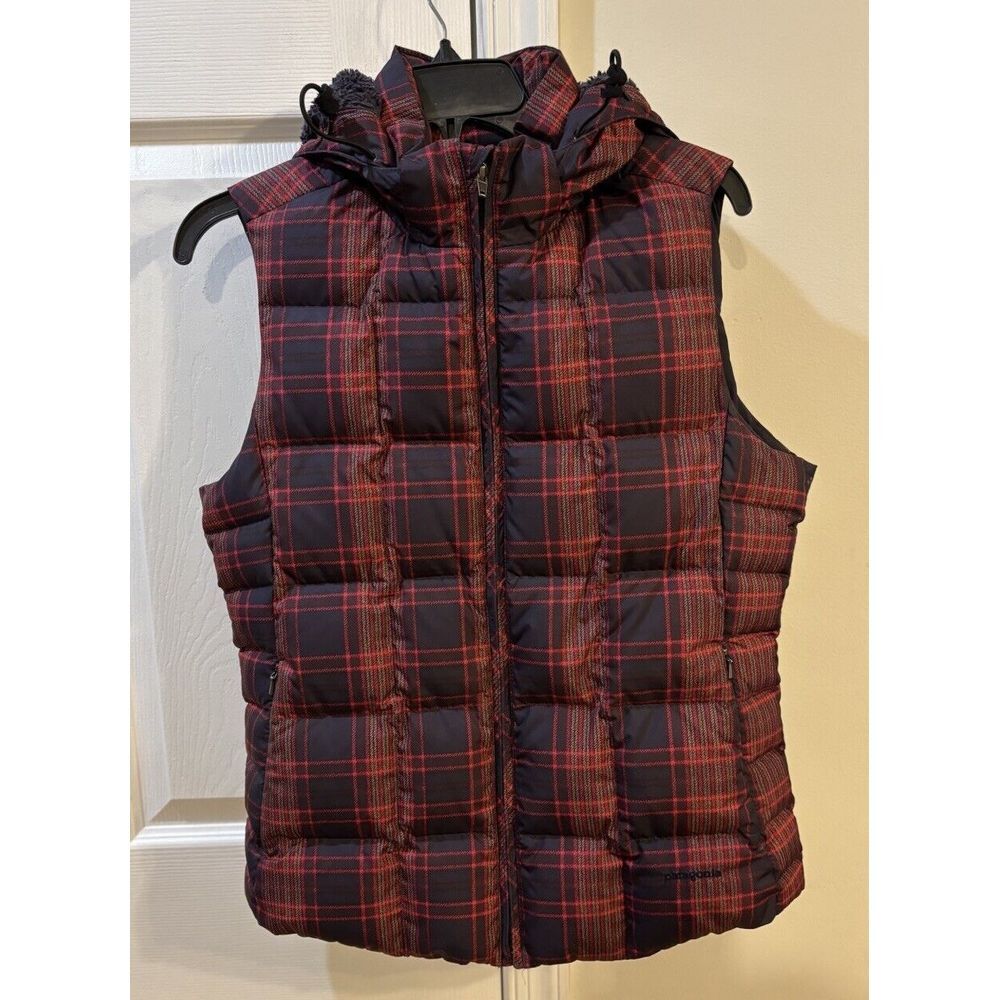 Patagonia Puffer Vest Women's‎ Sz M Goosedown Hooded Red Navy Plaid *Read*